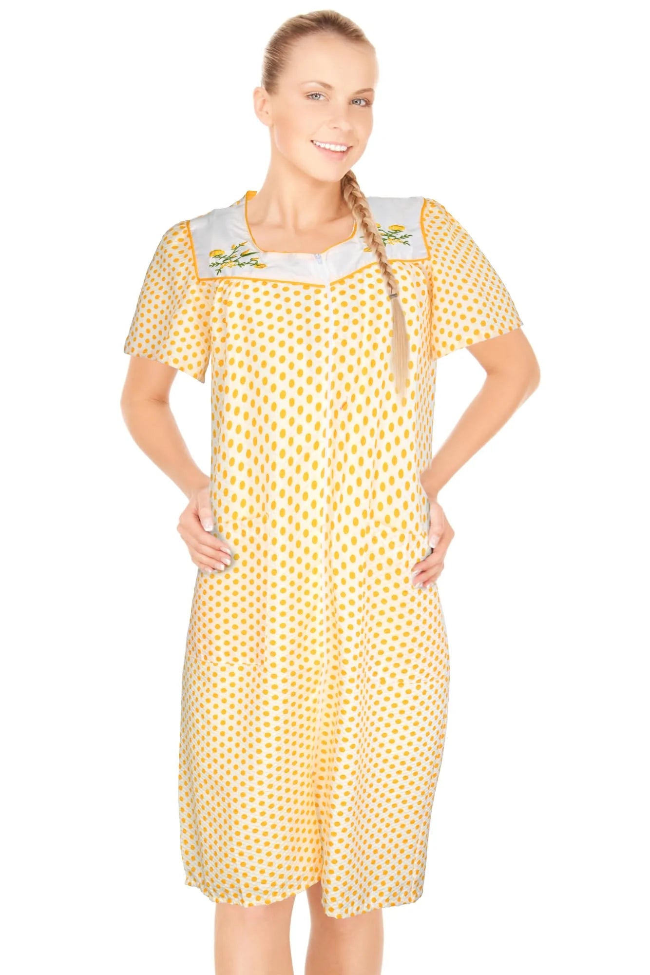 JEFFRICO House Dresses for Women with Pockets - Lightweight Breathable Short Sleeve Muumuu & Nightgowns - Zipper Front Housecoat and Dusters for Women
