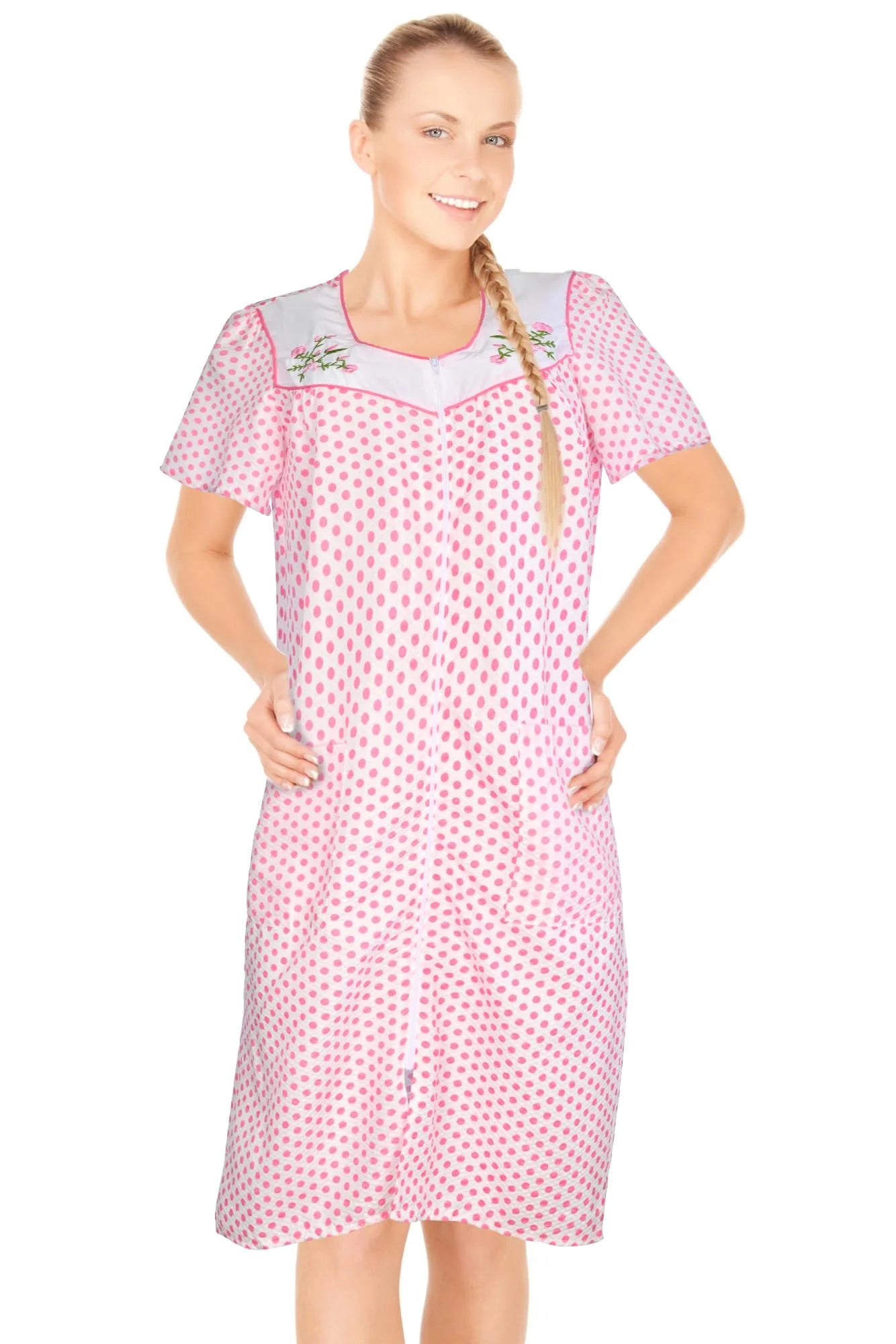 JEFFRICO House Dresses for Women with Pockets - Lightweight Breathable Short Sleeve Muumuu & Nightgowns - Zipper Front Housecoat and Dusters for Women