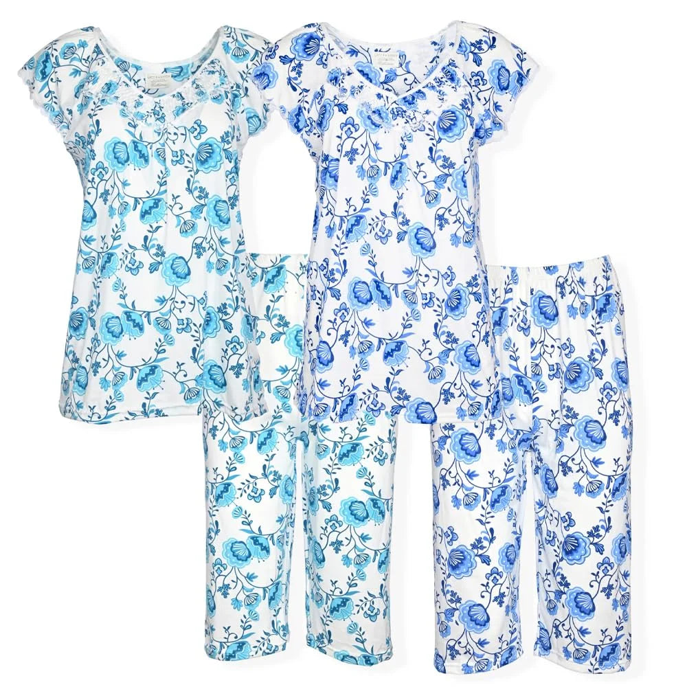 JEFFRICO Pajamas For Women 2 Pack Capri Set Sleepwear Soft Pajamas Short Sleeve Pajamas Sleepshirt With Capri Pants