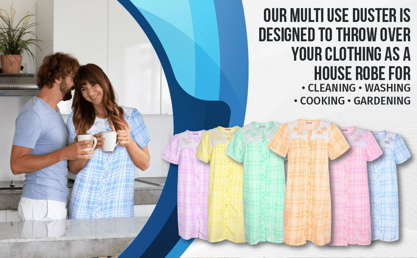 JEFFRICO House Dresses for Women with Pockets - Lightweight Breathable Short Sleeve Muumuu & Nightgowns - Snap Front Housecoat and Dusters for Women