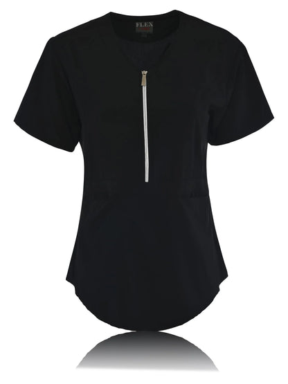 JEFFRICO Scrubs For Women Short Sleeve Zipper Front V-Neck Top 2 Pockets