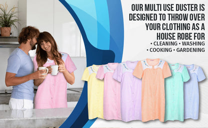 JEFFRICO House Dresses for Women with Pockets - Lightweight Breathable Short Sleeve Muumuu & Nightgowns - Snap Front Housecoat and Dusters for Women