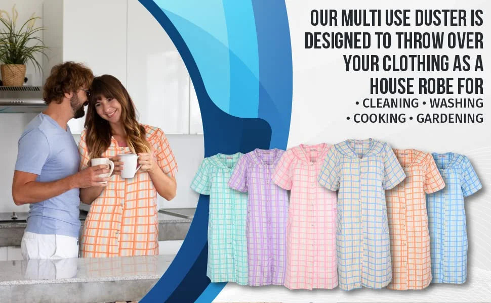 JEFFRICO House Dresses for Women with Pockets - Lightweight Breathable Short Sleeve Muumuu & Nightgowns - Snap Front Housecoat and Dusters for Women