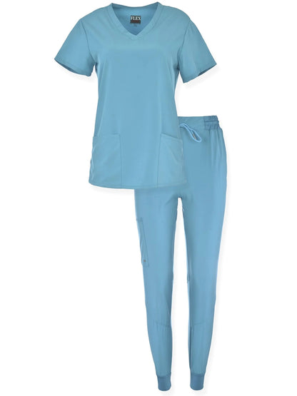 JEFFRICO Scrubs For Women Scrub Set V-Neck Scrub Top and Jogger Scrub Pants Lightweight 4 Way Stretch Soft 5 Pockets