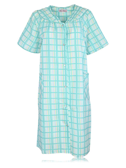 JEFFRICO House Dresses for Women with Pockets - Lightweight Breathable Short Sleeve Muumuu & Nightgowns - Snap Front Housecoat and Dusters for Women