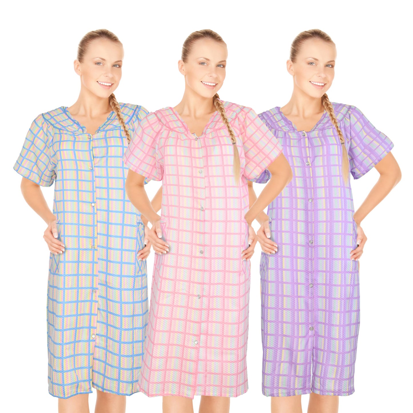 JEFFRICO 3 Pack House Dresses for Women with Pockets - Lightweight Breathable Short Sleeve Muumuu & Nightgowns - Dusters