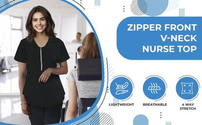 JEFFRICO Scrubs For Women Short Sleeve Zipper Front V-Neck Top 2 Pockets