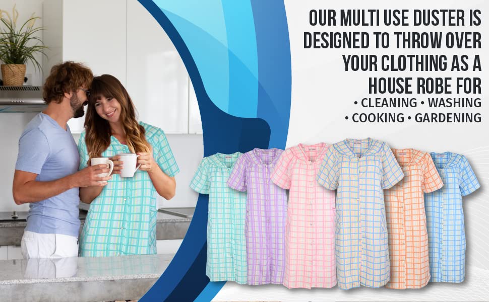 JEFFRICO House Dresses for Women with Pockets - Lightweight Breathable Short Sleeve Muumuu & Nightgowns - Snap Front Housecoat and Dusters for Women