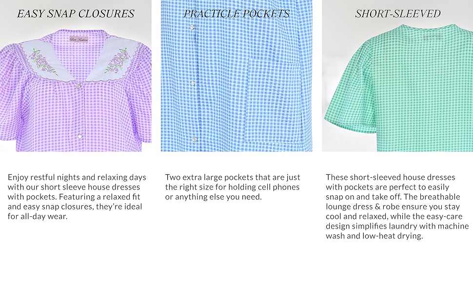 JEFFRICO House Dresses for Women with Pockets - Lightweight Breathable Short Sleeve Muumuu & Nightgowns - Women's Dusters