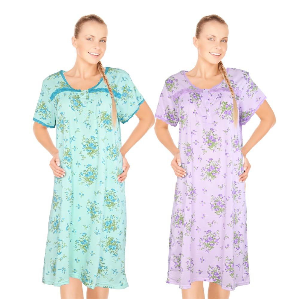 JEFFRICO Womens 2 Pack Nightgowns Short Sleeve Sleepwear Soft Pajama Dress Nightshirts