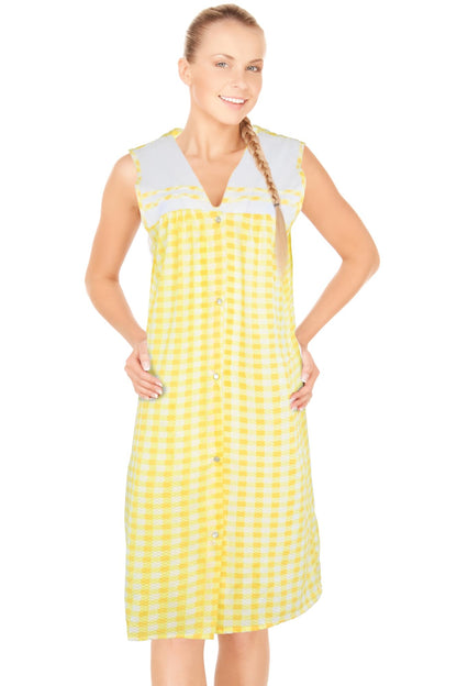 JEFFRICO House Dresses for Women with Pockets - Lightweight Breathable Sleeveless Muumuu & Nightgowns - Snap Front Housecoat and Dusters