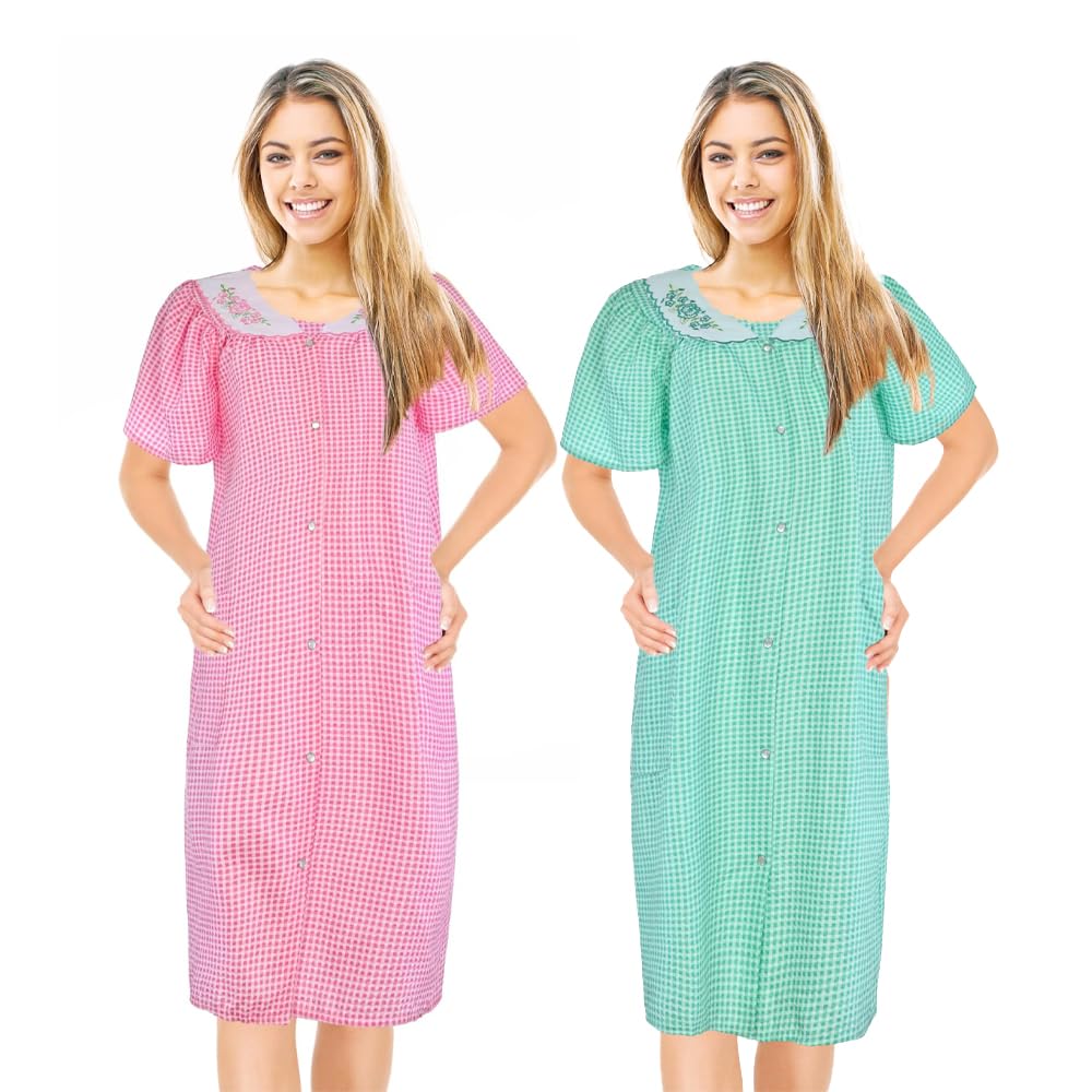 JEFFRICO 2 Pack House Dresses for Women with Pockets - Lightweight Breathable Short Sleeve Muumuu & Nightgowns - Women's Dusters
