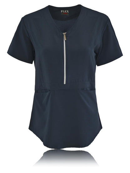 JEFFRICO Scrubs For Women Short Sleeve Zipper Front V-Neck Top 2 Pockets