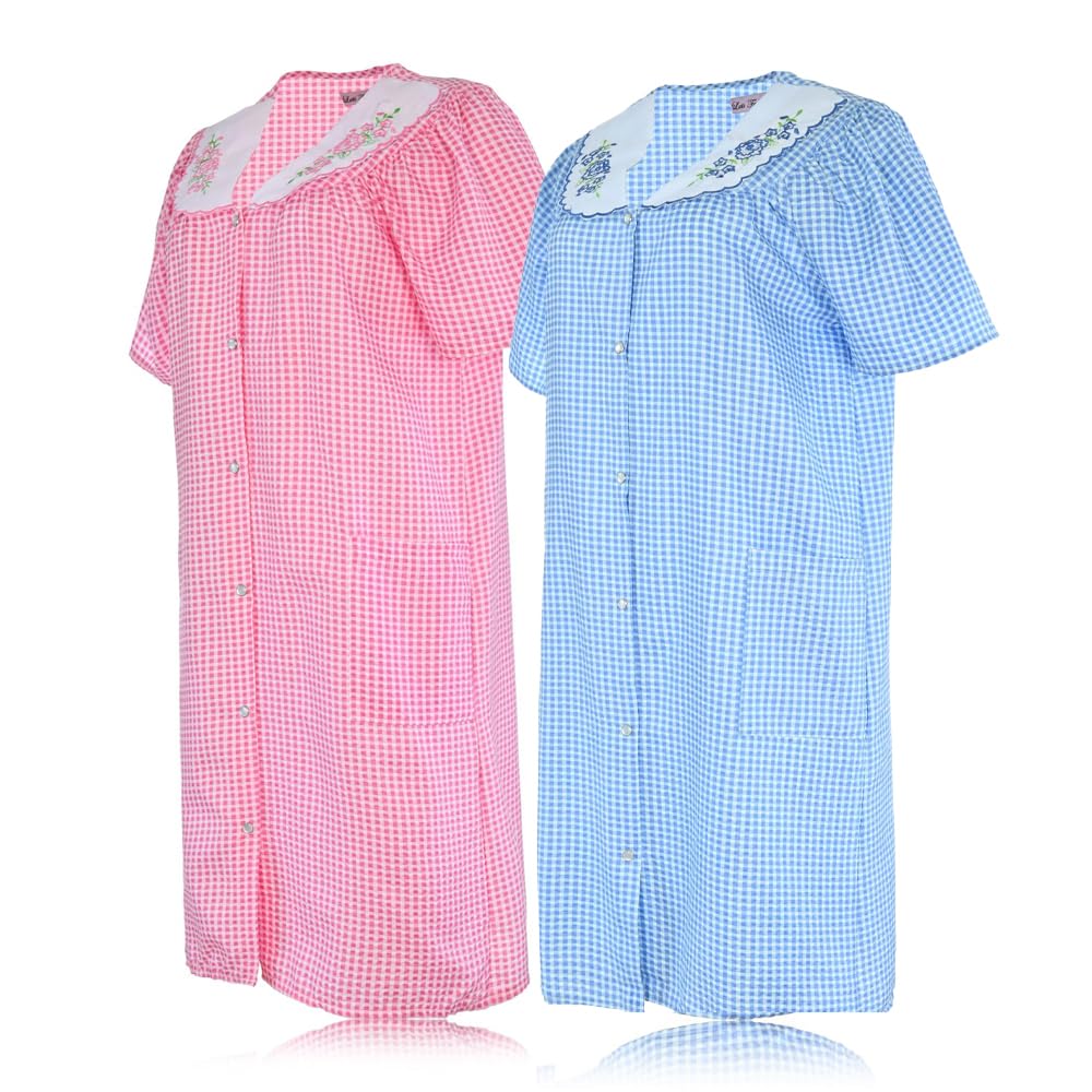 JEFFRICO 2 Pack House Dresses for Women with Pockets - Lightweight Breathable Short Sleeve Muumuu & Nightgowns - Women's Dusters