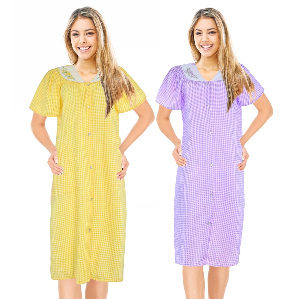 JEFFRICO 2 Pack House Dresses for Women with Pockets - Lightweight Breathable Short Sleeve Muumuu & Nightgowns - Women's Dusters