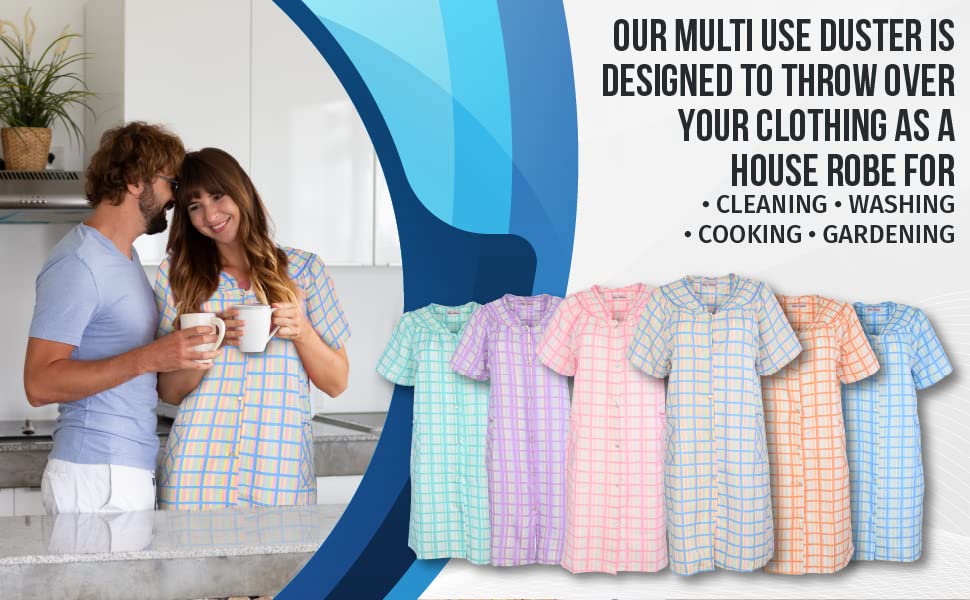 JEFFRICO House Dresses for Women with Pockets - Lightweight Breathable Short Sleeve Muumuu & Nightgowns - Snap Front Housecoat and Dusters for Women