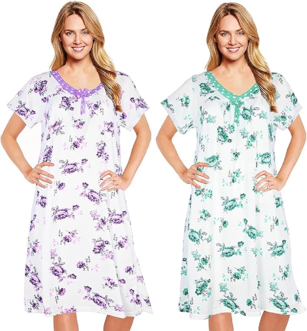 JEFFRICO 2 Pack Nightgowns for Women - Short Sleeve Soft Womens Nightgowns & Sleepshirts - Round Neck Pajamas Dress for Sleeping