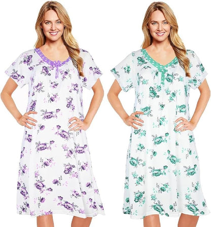 JEFFRICO 2 Pack Nightgowns for Women - Short Sleeve Soft Womens Nightgowns & Sleepshirts - Round Neck Pajamas Dress for Sleeping