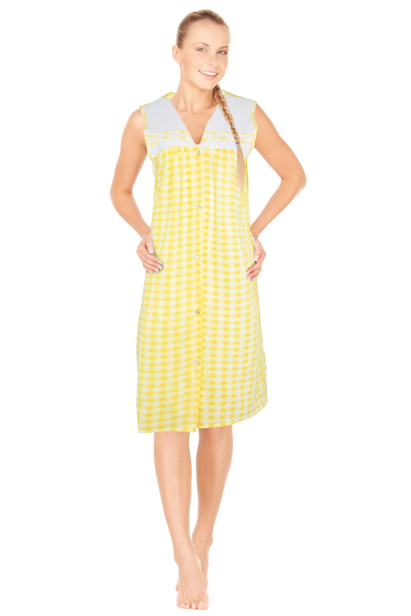 JEFFRICO House Dresses for Women with Pockets - Lightweight Breathable Sleeveless Muumuu & Nightgowns - Snap Front Housecoat and Dusters for Women