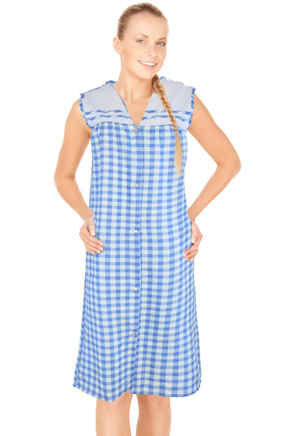 JEFFRICO House Dresses for Women with Pockets - Lightweight Breathable Sleeveless Muumuu & Nightgowns - Snap Front Housecoat and Dusters