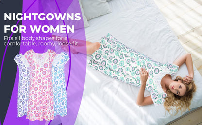 JEFFRICO Womens 2 Pack Nightgowns Short Sleeve Sleepwear Soft Pajama Dress Nightshirts