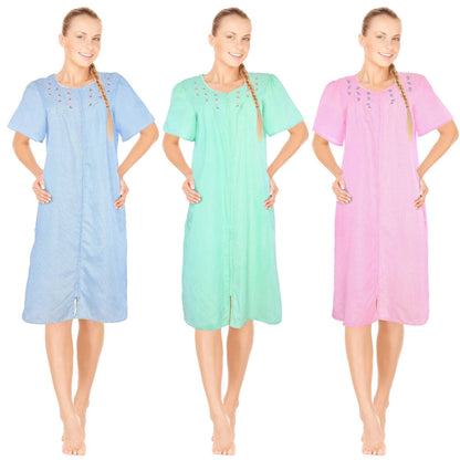 JEFFRICO 3 Pack House Dresses for Women with Pockets - Lightweight Breathable Short Sleeve Zipper Front Nightgowns - Dusters