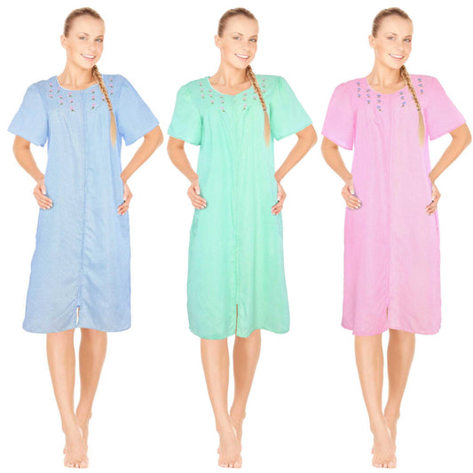JEFFRICO 3 Pack House Dresses for Women with Pockets - Lightweight Breathable Short Sleeve Zipper Front Nightgowns - Dusters