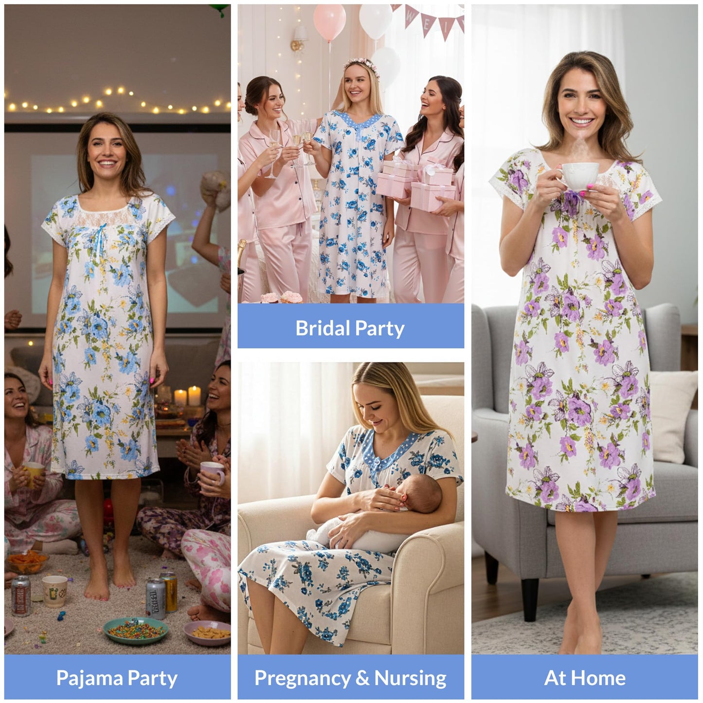 JEFFRICO Nightgowns for Women - Short Sleeve Soft Womens Nightgowns & Sleepshirts - Round Neck Pajamas Dress for Lounging, Sleeping & Casual Wear