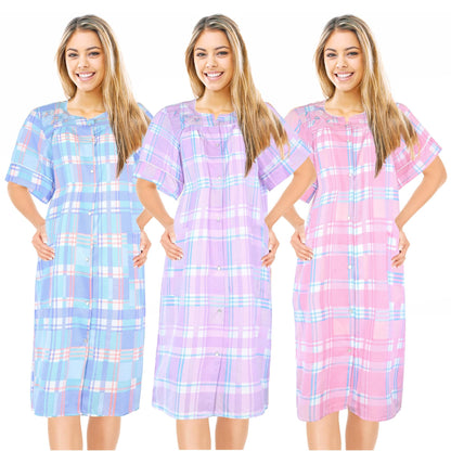 JEFFRICO 3 Pack House Dresses for Women with Pockets - Lightweight Breathable Short Sleeve Muumuu & Nightgowns - Dusters