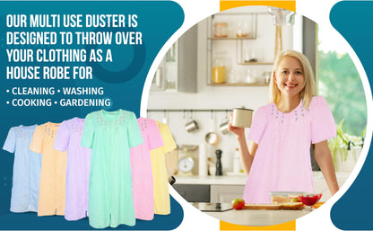 JEFFRICO House Dresses for Women with Pockets - Lightweight Breathable Short Sleeve Muumuu & Nightgowns - Zipper Front Housecoat and Dusters for Women