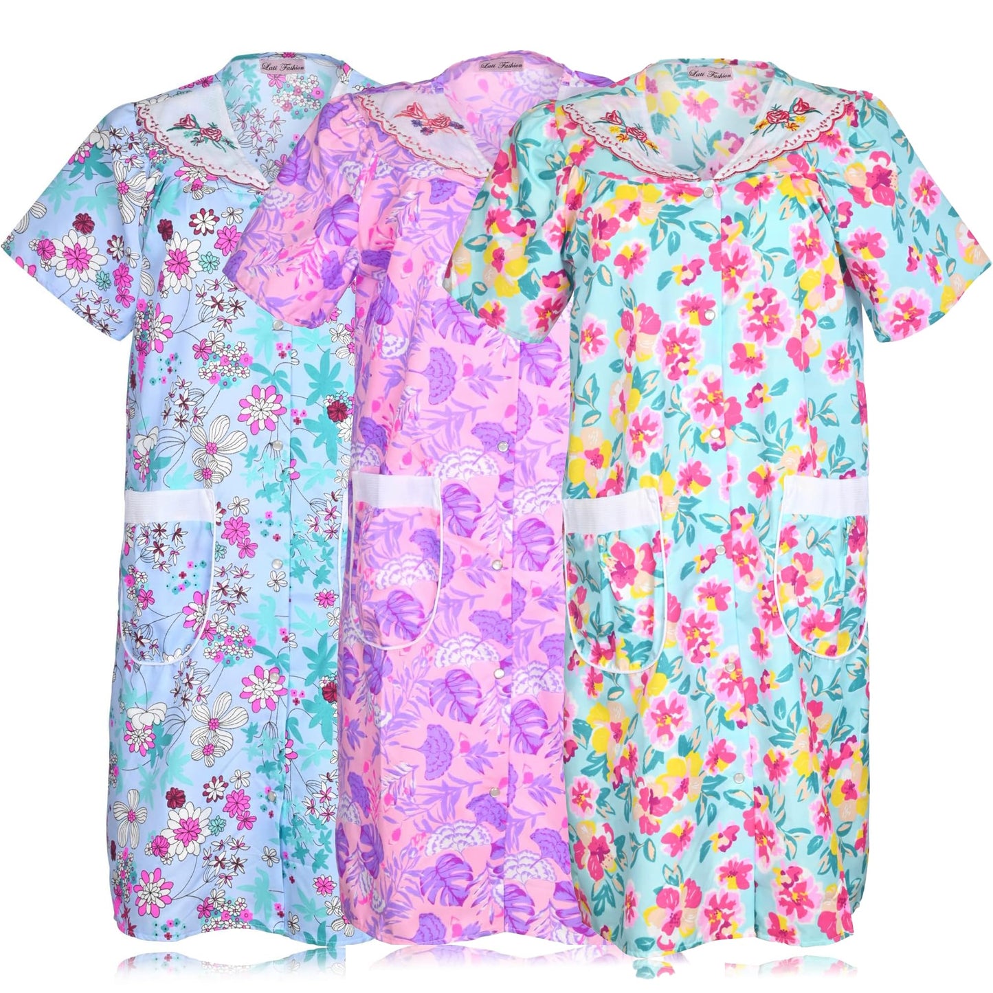 JEFFRICO 3 Pack House Dresses for Women with Pockets - Lightweight Breathable Short Sleeve Muumuu & Nightgowns - Dusters