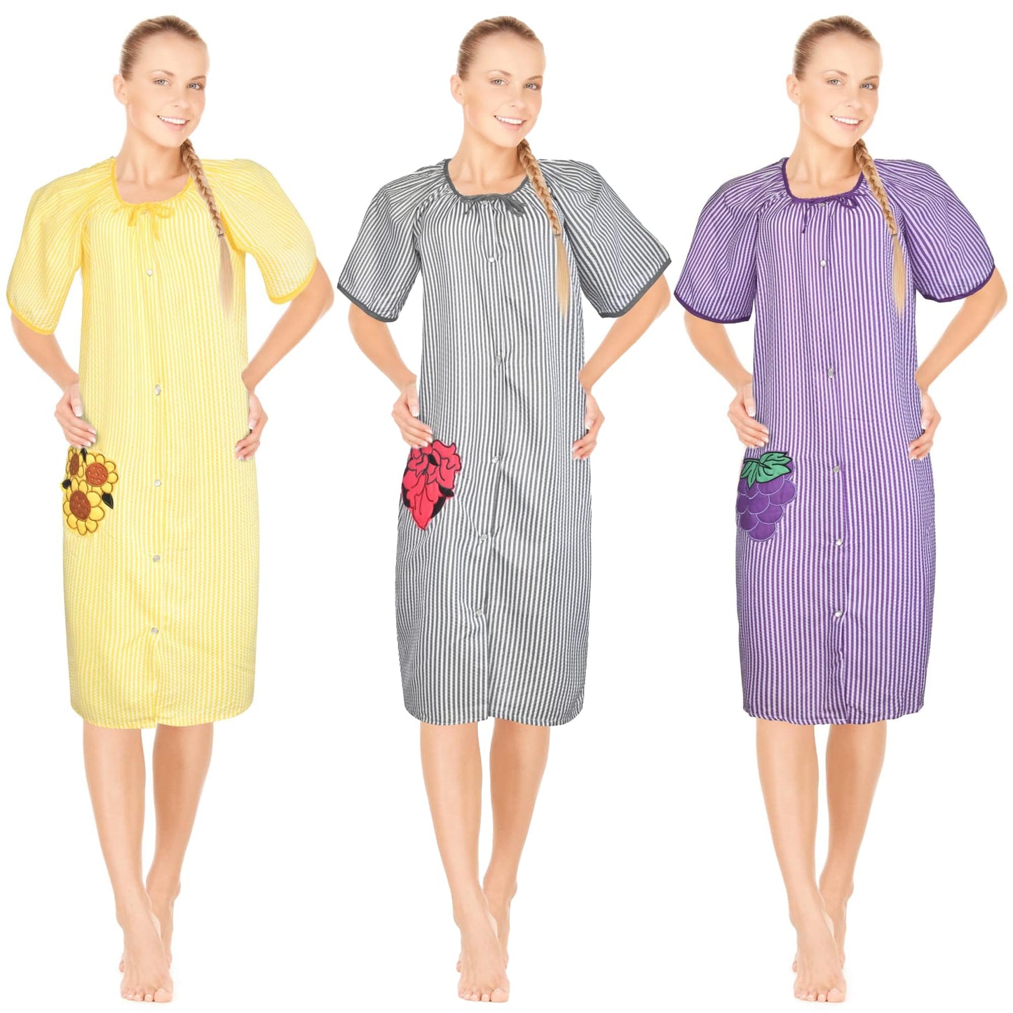 JEFFRICO 3 Pack House Dresses for Women with Pockets - Lightweight Breathable Short Sleeve Muumuu & Nightgowns - Dusters