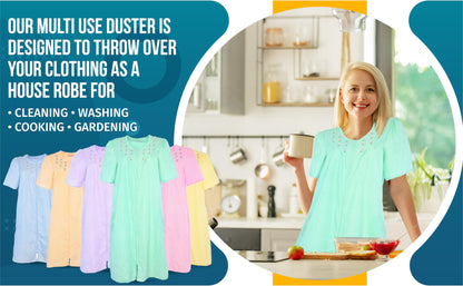 JEFFRICO House Dresses for Women with Pockets - Lightweight Breathable Short Sleeve Muumuu & Nightgowns - Zipper Front Housecoat and Dusters for Women