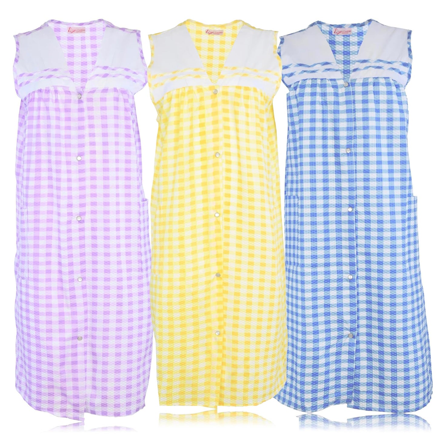 JEFFRICO 3 Pack House Dresses for Women with Pockets - Lightweight Breathable Sleeveless Snap Front Housecoat Dusters