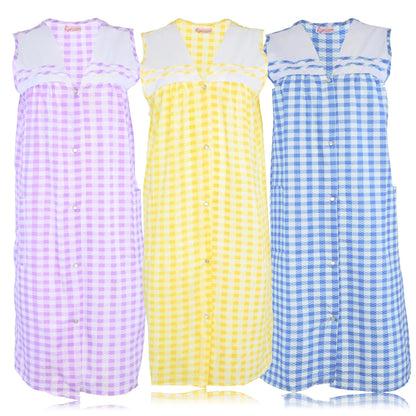JEFFRICO 3 Pack House Dresses for Women with Pockets - Lightweight Breathable Sleeveless Snap Front Housecoat Dusters