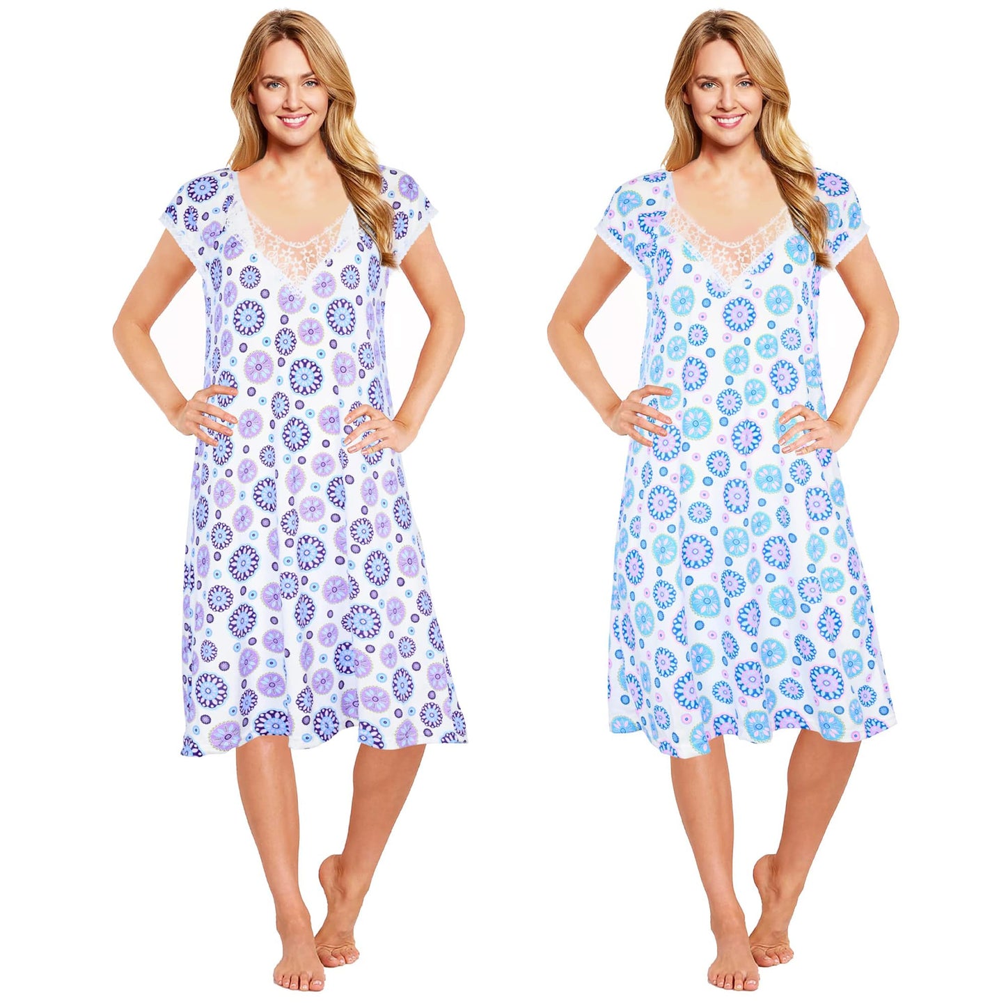 JEFFRICO Womens 2 Pack Nightgowns Short Sleeve Sleepwear Soft Pajama Dress Nightshirts