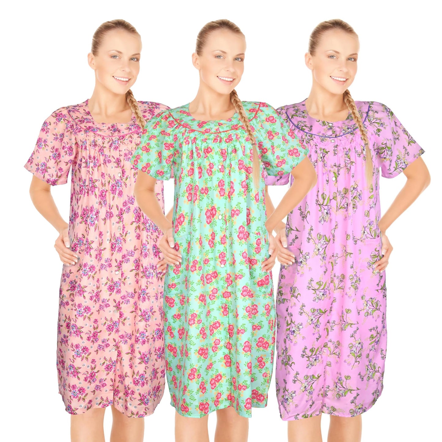 JEFFRICO 3 Pack House Dresses for Women with Pockets - Lightweight Breathable Short Sleeve Muumuu & Nightgowns - Dusters