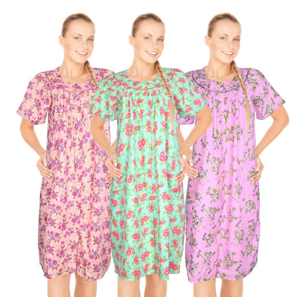 JEFFRICO 3 Pack House Dresses for Women with Pockets - Lightweight Breathable Short Sleeve Muumuu & Nightgowns - Dusters