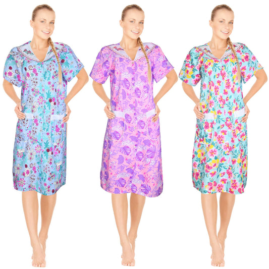 JEFFRICO 3 Pack House Dresses for Women with Pockets - Lightweight Breathable Short Sleeve Muumuu & Nightgowns - Dusters
