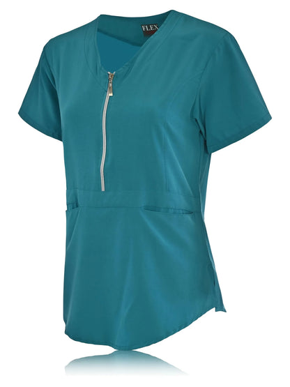 JEFFRICO Scrubs For Women Short Sleeve Zipper Front V-Neck Top 2 Pockets
