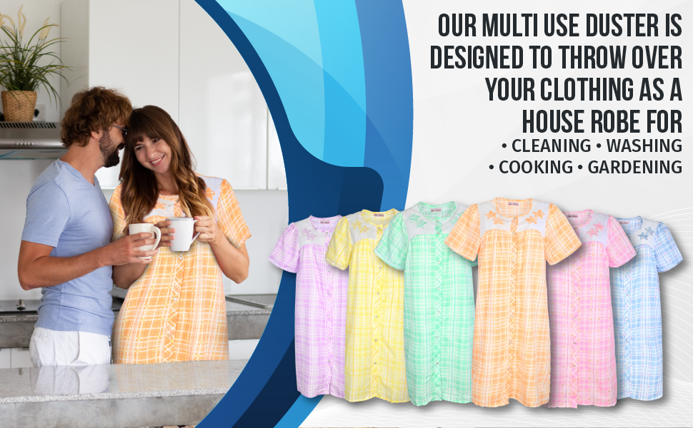 JEFFRICO House Dresses for Women with Pockets - Lightweight Breathable Short Sleeve Muumuu & Nightgowns - Snap Front Housecoat and Dusters for Women