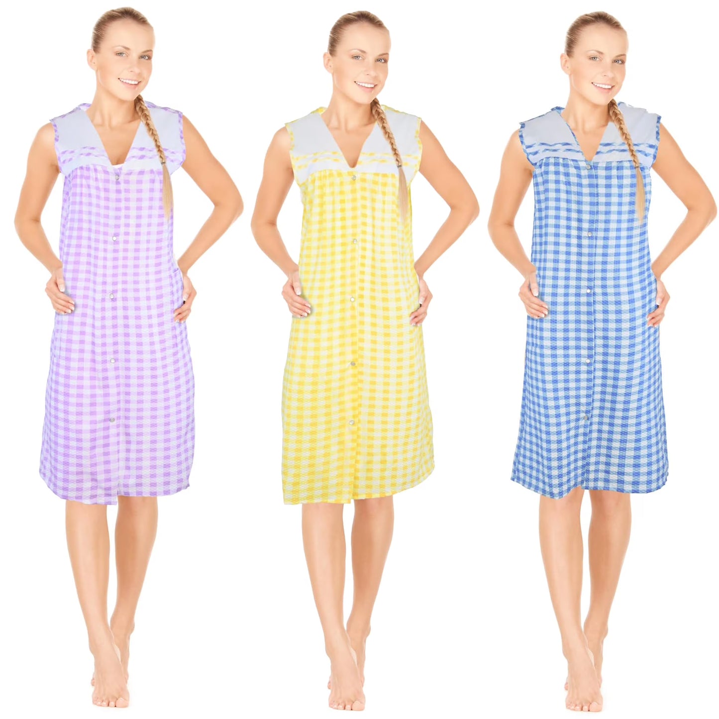 JEFFRICO 3 Pack House Dresses for Women with Pockets - Lightweight Breathable Sleeveless Snap Front Housecoat Dusters