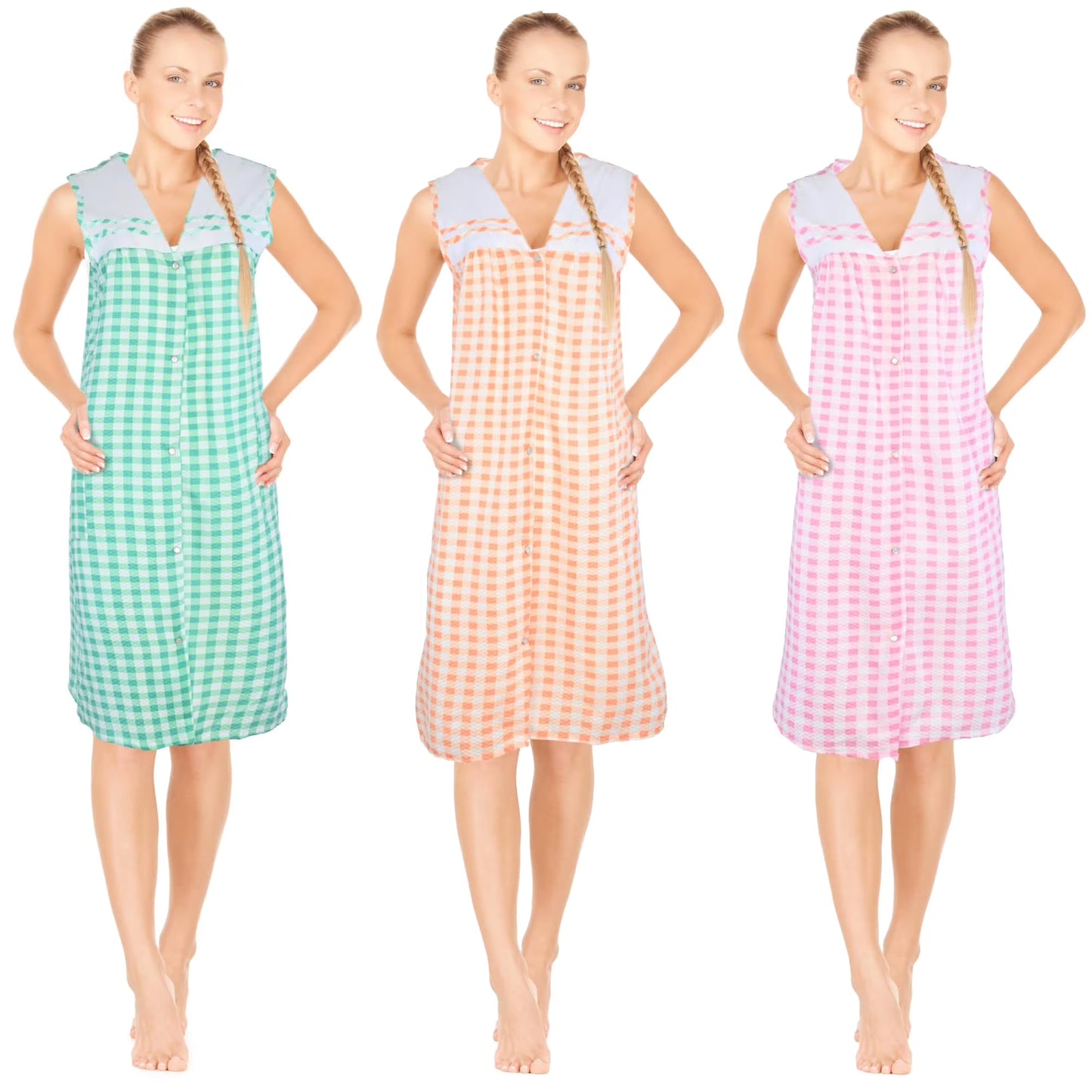JEFFRICO 3 Pack House Dresses for Women with Pockets - Lightweight Breathable Sleeveless Snap Front Housecoat Dusters