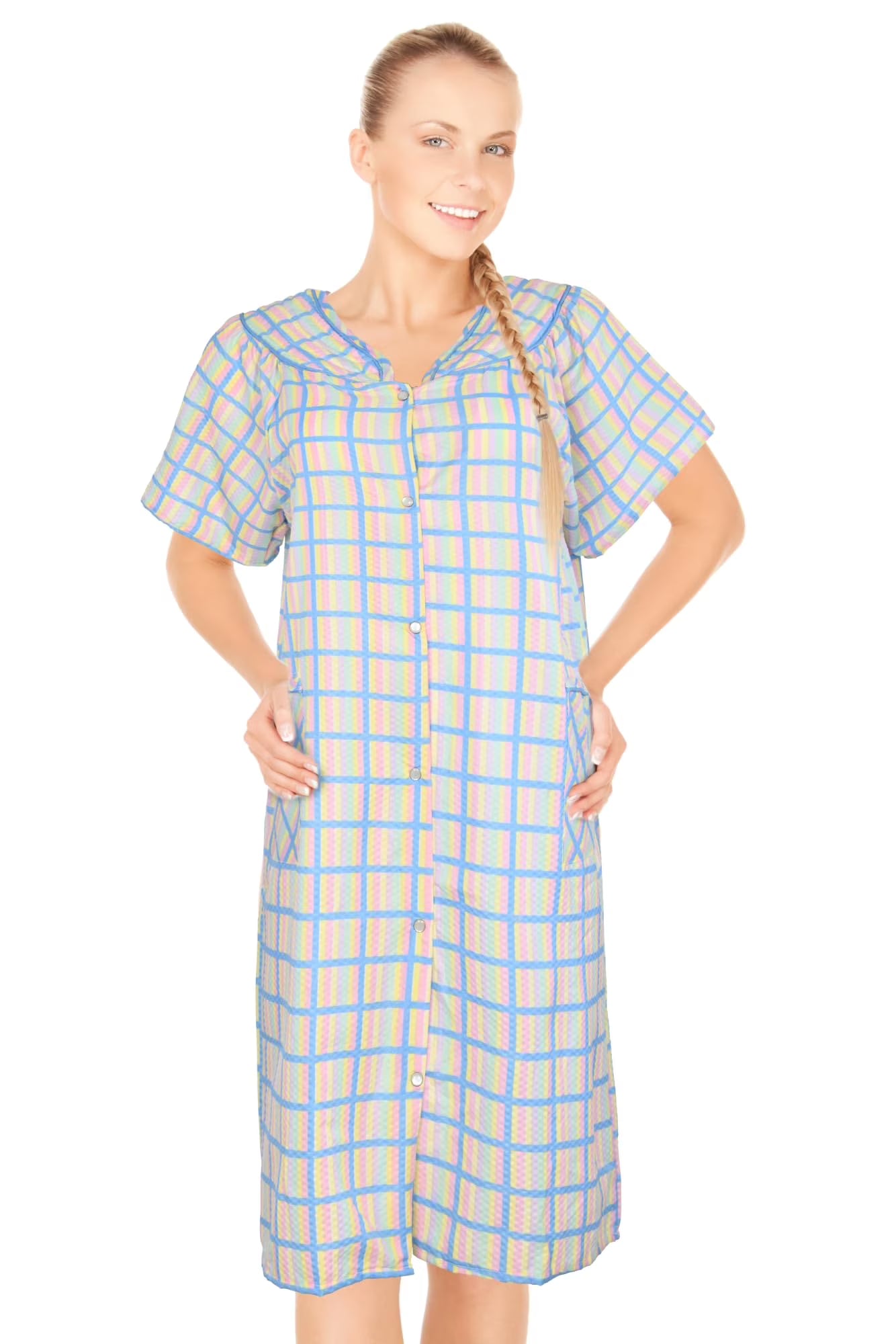 JEFFRICO House Dresses for Women with Pockets - Lightweight Breathable Short Sleeve Muumuu & Nightgowns - Snap Front Housecoat and Dusters for Women