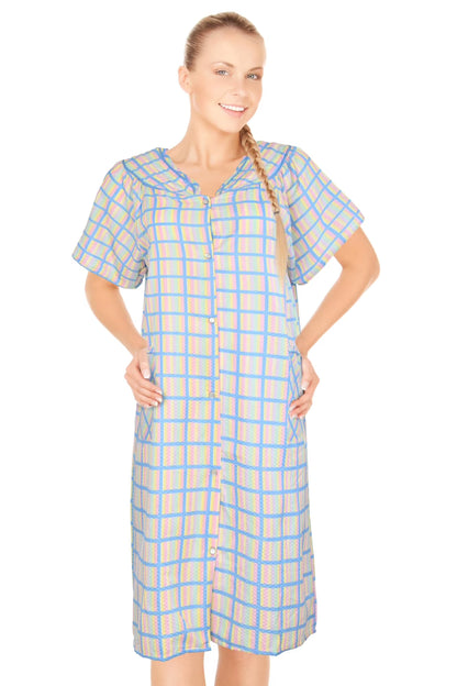 JEFFRICO House Dresses for Women with Pockets - Lightweight Breathable Short Sleeve Muumuu & Nightgowns - Snap Front Housecoat and Dusters for Women