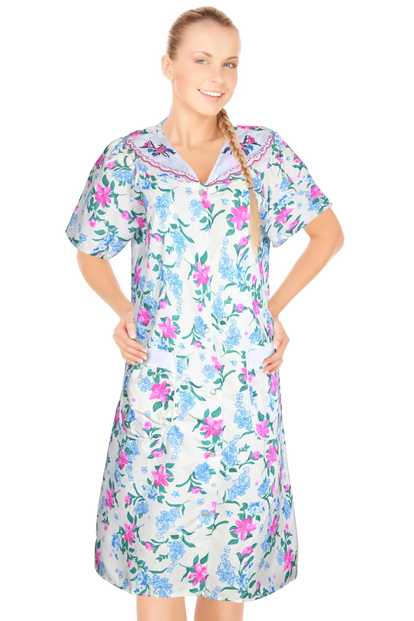 JEFFRICO House Dresses for Women with Pockets - Lightweight Breathable Short Sleeve Muumuu & Nightgowns - Snap Front Housecoat and Dusters for Women