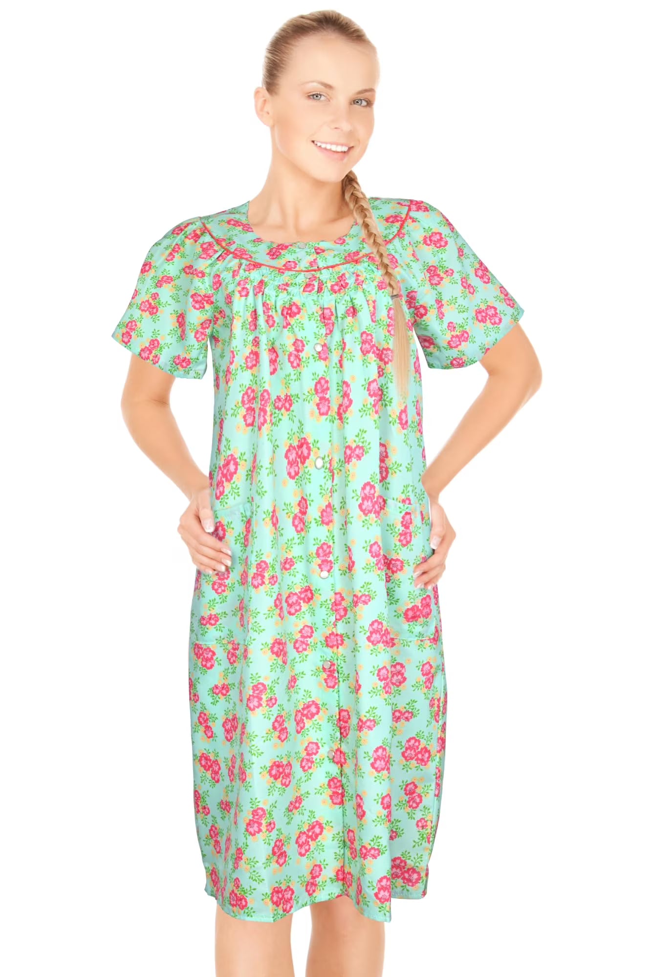 JEFFRICO House Dresses for Women with Pockets - Lightweight Breathable Short Sleeve Muumuu & Nightgowns - Snap Front Housecoat and Dusters for Women