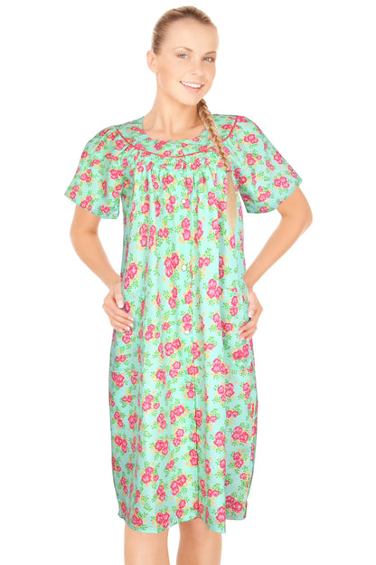 JEFFRICO House Dresses for Women with Pockets - Lightweight Breathable Short Sleeve Muumuu & Nightgowns - Snap Front Housecoat and Dusters for Women