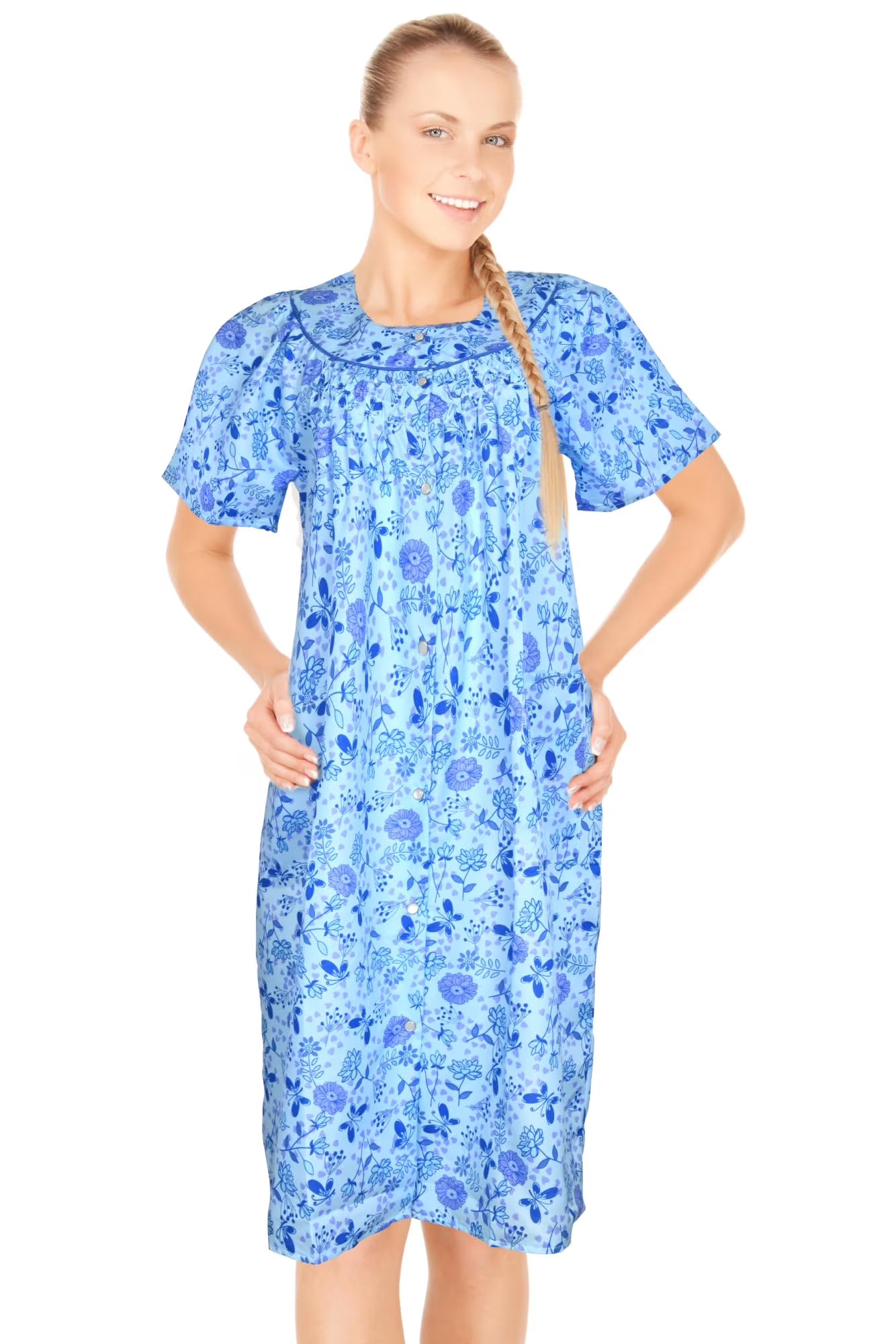 JEFFRICO House Dresses for Women with Pockets - Lightweight Breathable Short Sleeve Muumuu & Nightgowns - Snap Front Housecoat and Dusters for Women
