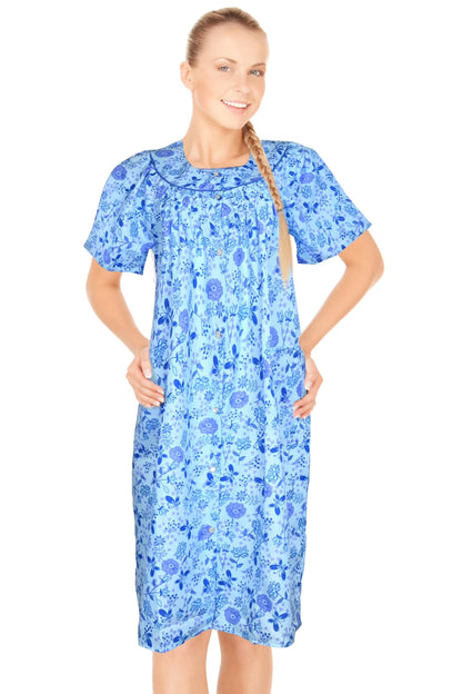 JEFFRICO House Dresses for Women with Pockets - Lightweight Breathable Short Sleeve Muumuu & Nightgowns - Snap Front Housecoat and Dusters for Women